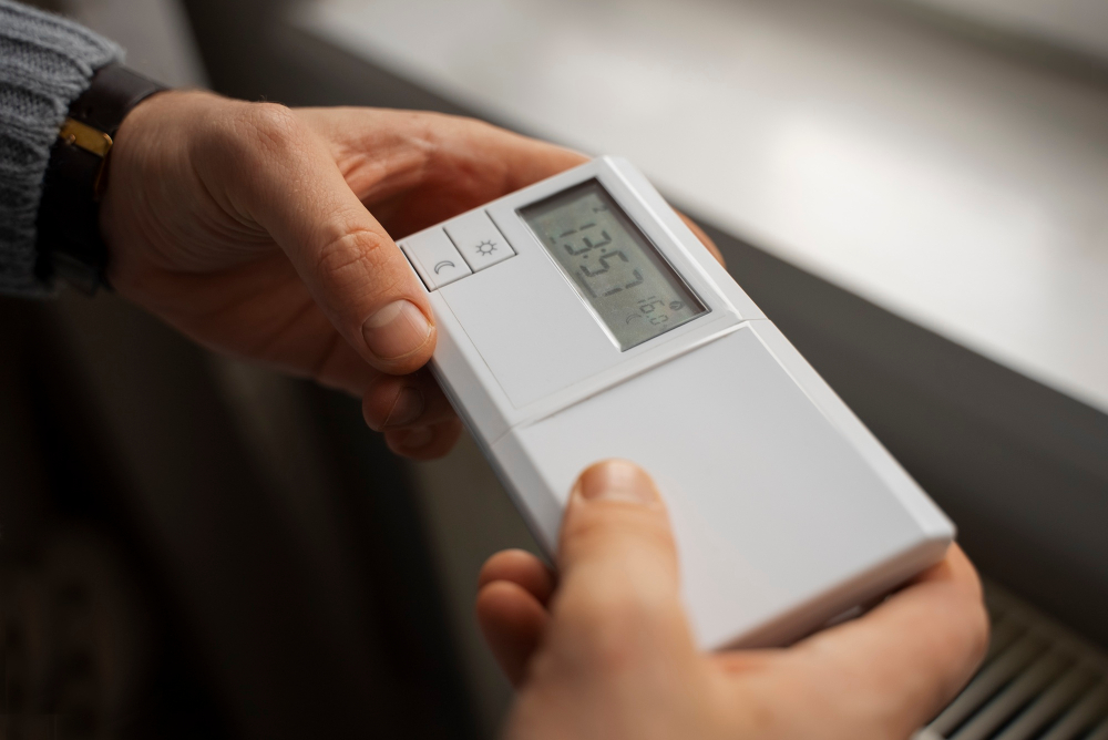 man turning off thermostat during energy crisis