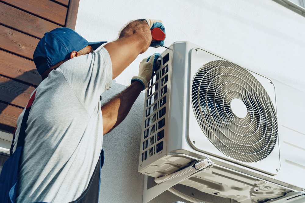 repairman uniform installing outside unit air conditioner