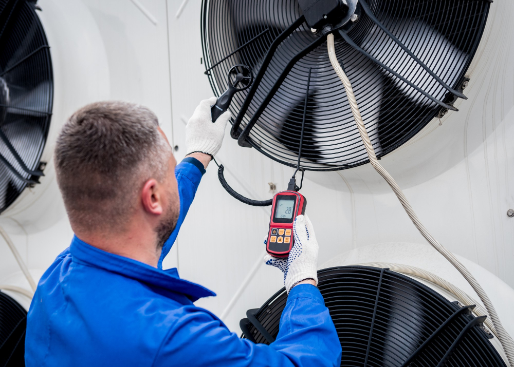 testing with anemometer axial fan condensing unit