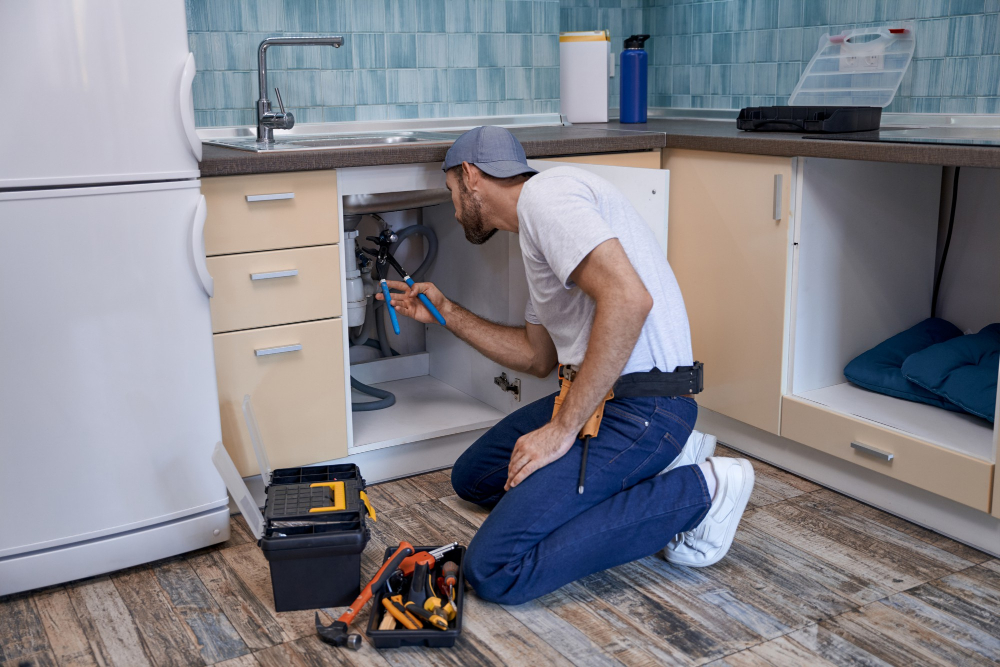 young caucasian male worker fixing tubes kitchen sink