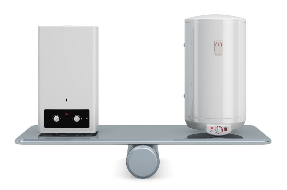 Comparison of a tankless water heater and a traditional tank-style water heater balanced on a scale to illustrate differences in efficiency and performance.