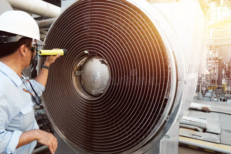 Technician inspecting a large industrial heat exchanger with a flashlight — Maintenance Required on a Furnace.